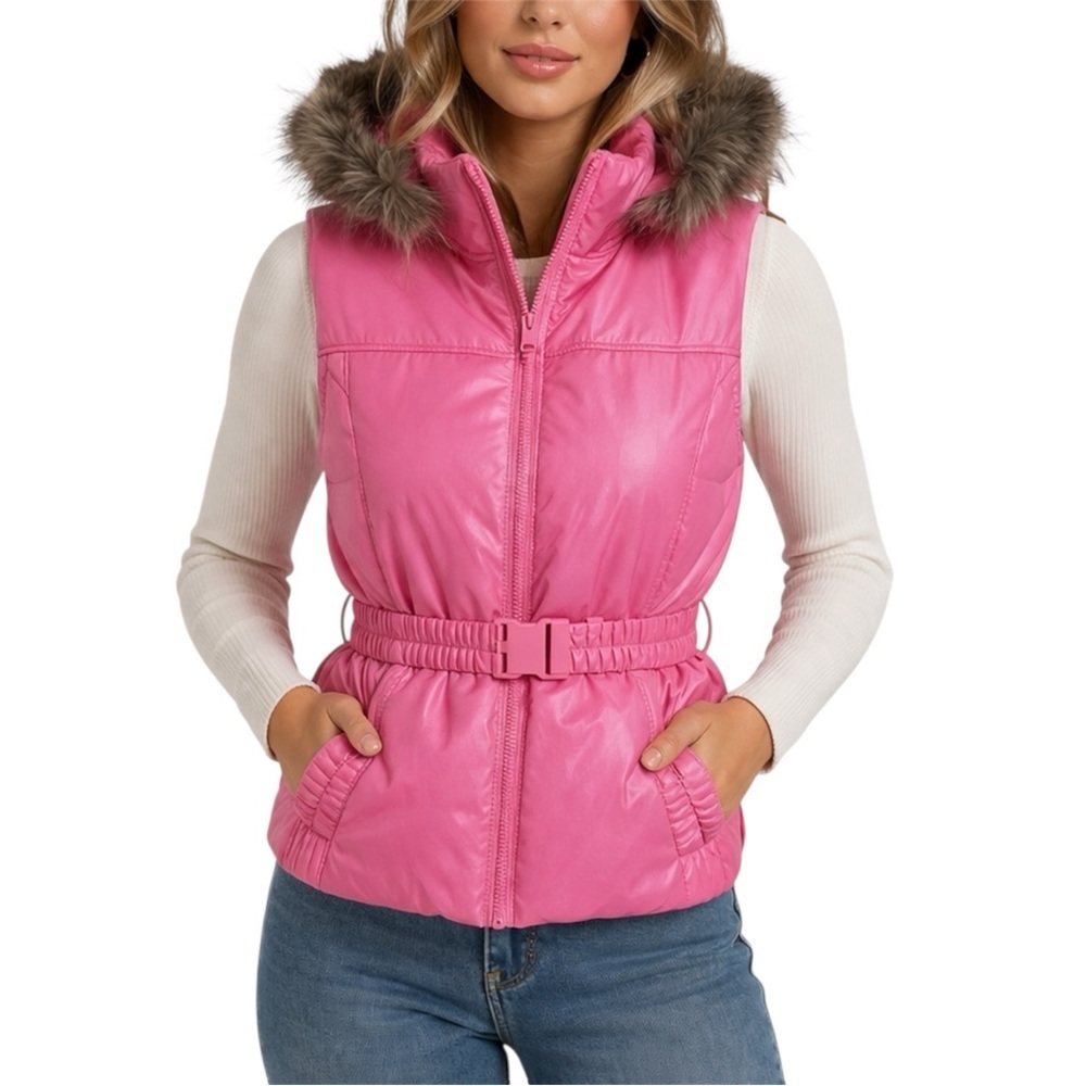 Rue 21 Pink Puffer Vest Belted Faux Fur Hood Winter Jacket NWT Large